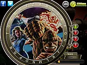 Fantastic Four: Hidden Alphabets game screen showing a detailed comic book-style scene of the Fantastic Four with several letters subtly camouflaged in the background.