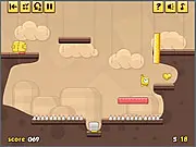 The puzzle game Double Win Online screen showing two small yellow blob-like creatures standing near a lever and an elevator, ready for a co-op action.