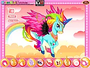 Rainbow Unicorn free online dress-up game screenshot showing a girl styling a magical horse