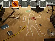 Free online hidden object game Murder in Hotel, showing the scene of the crime with clues and objects to find.