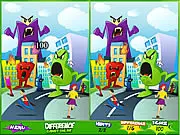 Superhero Difference game image showing a superhero fighting a giant monster in a city. Play the free online spot-the-difference game.