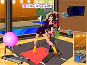 Free online home gym room decoration game, showing a beautifully designed fitness space with a treadmill, weight rack, and modern decor.