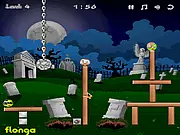 Burying Zombies free online puzzle game screenshot showing green zombies falling into a hole after blocks are removed