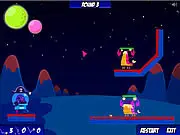 Space Pirate Vs Alien Lobsters game showing a pirate character in space aiming a blaster at a giant, red alien lobster enemy.
