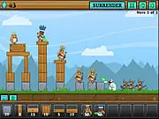 A towering, unstable castle structure being attacked by multiple cartoon monsters in the physics-based defense game Tumble Fortress
