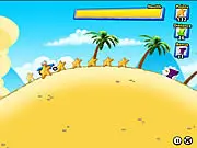 Gameplay screenshot of a yellow dune buggy performing a large jump over a sand dune while outrunning a brown sandstorm