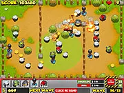 Screenshot of Penguins Attack TD 4 game showing defensive towers shooting at waves of cartoon penguins on a snowy battlefield