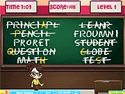 School Swap word game screen showing scrambled letters and a teacher walking towards a desk, play free online game.