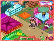 Screenshot of the S.O.S Clean up My Home game showing a messy room with scattered clothes and a cute girl character