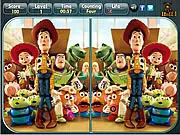 Side-by-side images of characters like Woody and Buzz Lightyear from Toy Story 3, with circles highlighting the subtle differences that must be found in the online puzzle game