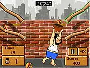 Fast Man - Hungry City game screen showing a character quickly moving across a maze-like grid to collect hamburger icons, while avoiding stone obstacles.