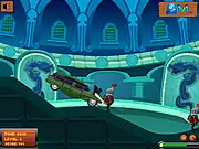 Dungeon Racer game screen showing a heavily armored car driving through a dark dungeon, crushing a medieval knight