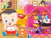 Screenshot of Baby With Teddy Bear Dress Up online game showing an infant and a teddy bear with various clothes and accessories for selection