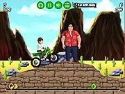 Ben 10 Bike Mission free online game screenshot showing Ben 10 riding his motorcycle over a series of dangerous, bumpy hills while carrying a green gem on his back