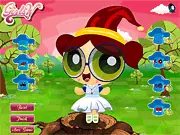 Screenshot of the Powerpuff Bubbles dress up game showing Bubbles posing in a stylish new outfit against a colorful background.