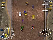 Gameplay screenshot from Offroaders Racing Online showing an offroad truck driving around a dirt track from a top-down isometric perspective, with a $ sign visible.