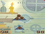 Wood Worker physics puzzle game showing wooden and steel blocks stacked in a balanced structure trying to reach a blue star