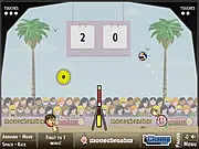 A cartoon character with a massive head jumping to perform a volleyball spike on a beach court in the free game Sports Heads Volleyball.