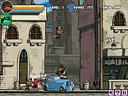 Destructo Dog 2 free online game screenshot featuring the flying dog from Mars ready to attack evil cats on a platform