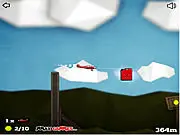 The airplane from Take Flight flying low over rolling green hills while trying to collect a fuel canister
