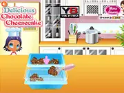 Screenshot from the Chocolate Cheesecake Cooking game showing the finished dessert, a decadent chocolate cheesecake topped with fruit or cream.