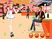 Screenshot of the Fashion Waitress Dress Up online game, showing a character model ready to be dressed and a selection of dresses, shoes, and serving accessories.