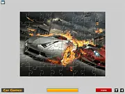 Cool Cars Puzzle free online game screenshot showing a jigsaw puzzle of a sports car with pieces waiting to be assembled