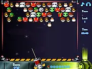 Gameplay screenshot of BubbleWeen Game, showing a cannon aiming a bubble with a spooky face toward a cluster of Halloween-themed monster faces.