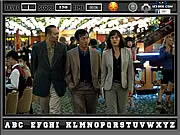 Gameplay screenshot from Contagion Find the Alphabets showing a complex, cluttered scene where several hidden letters (A, B, C) are subtly blended into the background.