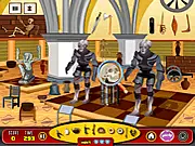 Screenshot of Museum Hidden Objects online game, showing an ancient museum room filled with artifacts and a magnifying lens highlighting a hidden object.