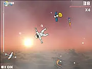 Gameplay screenshot of The Felix Jump, showing a skydiver in a pressure suit falling from space, avoiding space objects and collecting power-ups.