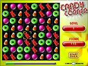 Candy Corner free online match 3 puzzle game screenshot showing a grid filled with various colorful candy icons like lollipops, jellybeans, and chocolate squares.