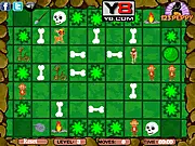 Screenshot of Caveman Deer Hunter Flash free online game, showing a caveman character navigating a puzzle environment to collect bones and hunt a deer