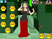 Halloween Devil Dress Up free online game screenshot, a beautiful character styled in a dramatic red and black devil costume with horns and accessories, Halloween fashion game