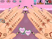 Screenshot of Gorgeous Hands MakeOver game, showing various nail polish colors, rings, and tools used for a detailed hand and nail spa treatment. Play free online.