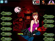 Halloween Devil Model Dress Up game screen showing the devil model with various dramatic red, black, and fiery Halloween dresses and accessories