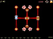 Gameplay screenshot of Subtle Energy 2 showing streams of red and blue colored pixels being redirected by various geometric items toward matching target orbs.