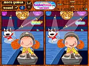 Gameplay screen of Mimi's Adventures, showing two side-by-side comic book panels of Mimi having a picnic, with circles highlighting the differences to spot.
