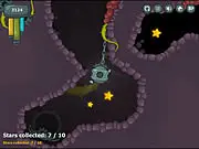 Free online game screenshot for Lost Probe showing a small metallic probe swinging on a long chain inside a dark geometric cavern
