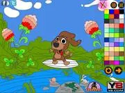 Online coloring page showing a cute dog riding a surfboard on an ocean wave, ready to be colored in the free online game.