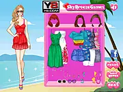 Tropical Honeymoon dress-up game screenshot showing a happy couple, Hannah and Todd, standing on a beach with the ocean in the background, wearing stylish vacation clothes.