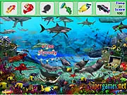 Screenshot of Underwater Fish Hidden Objects game showing a bright coral reef scene with several partially hidden tropical fish.