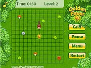 Golden Fever free online arcade game screenshot showing Stingy the Chipmunk operating a mining machine or using a tool to pull a large nugget of gold out of the ground.