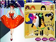 Screenshot from High Fashion dress up game showing a model wearing an elaborate ball gown and extravagant hat on a catwalk