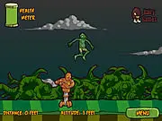 Gameplay screenshot from Zombies Can Fly showing a cannon launching a ragdoll zombie high into the air over a landscape, with power and angle indicators visible.