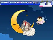 Gameplay screenshot from Kiss on New Moon, featuring a cute young couple secretly kissing under a large crescent moon with cartoon angels nearby, emphasizing the stealth and romance theme.