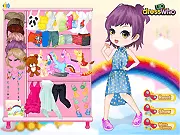 All Grown Up Dress Up Game featuring a girl in a stylish, candy-colored, girly-girl outfit with toy-printed elements