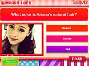 Screenshot of the Ariana Grande Knowledge Quiz free online game, featuring a picture of Ariana Grande from the Victorious era.
