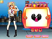 Emo Punk Style dress-up game screenshot showing a female model with bold makeup, tattoos, and black and red punk-style clothing and accessories - Free online fashion game.