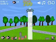 UFO Like Cows game screenshot, alien flying saucer abducting a cow with a green tractor beam